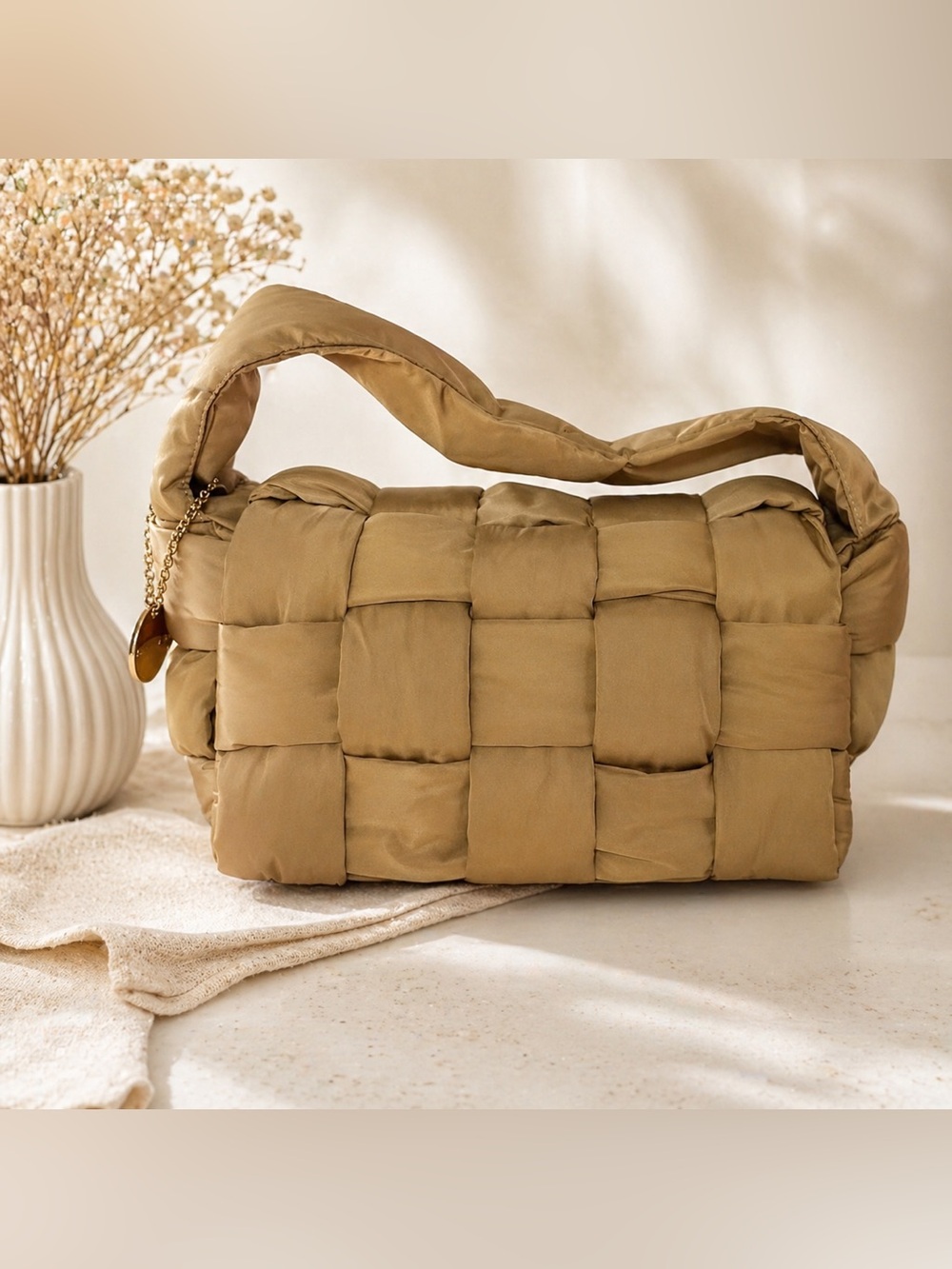 Alex Max Beige Woven Quilted Shoulder Bag | Designed in Italy